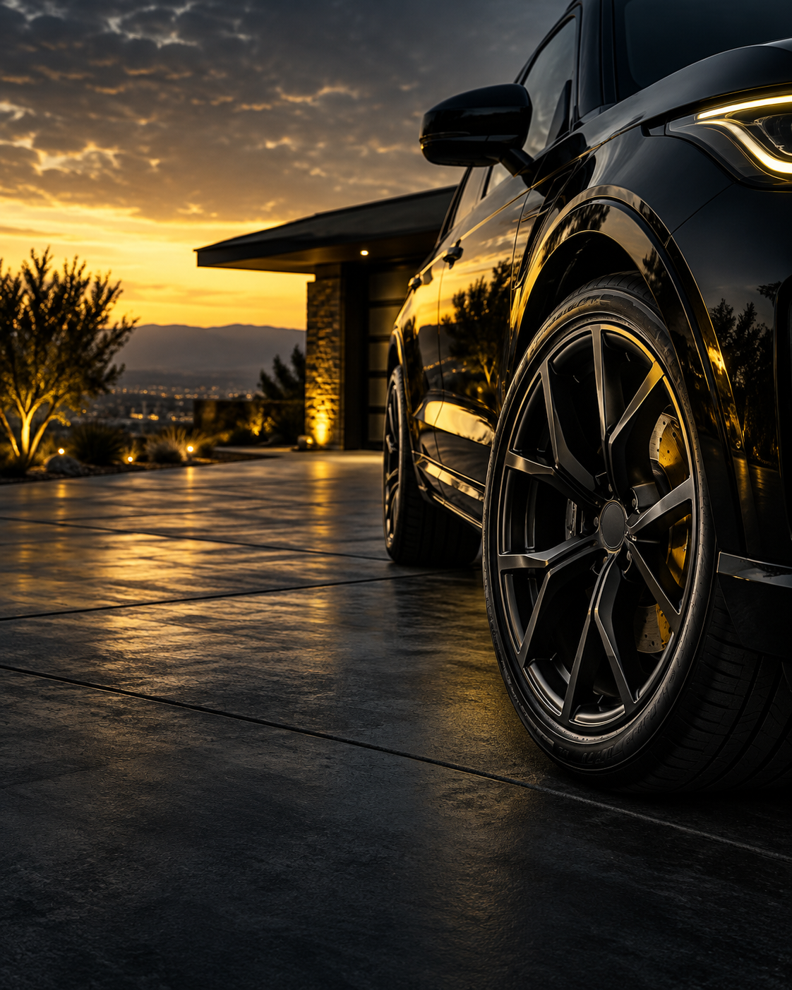 Premium automotive hero image showing a vehicle and wheel with no people visible